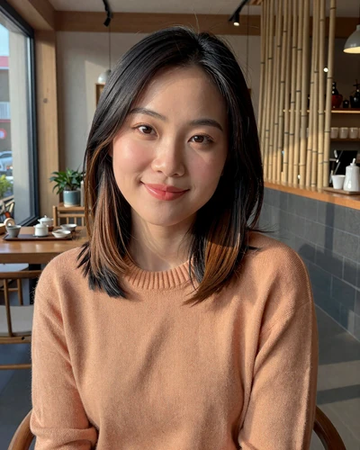 Chinese woman Yue from Guangzhou in a peach sweater at a tea house ready for dating