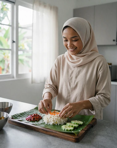 Malaysian woman preparing traditional nasi lemak in a warm modern kitchen