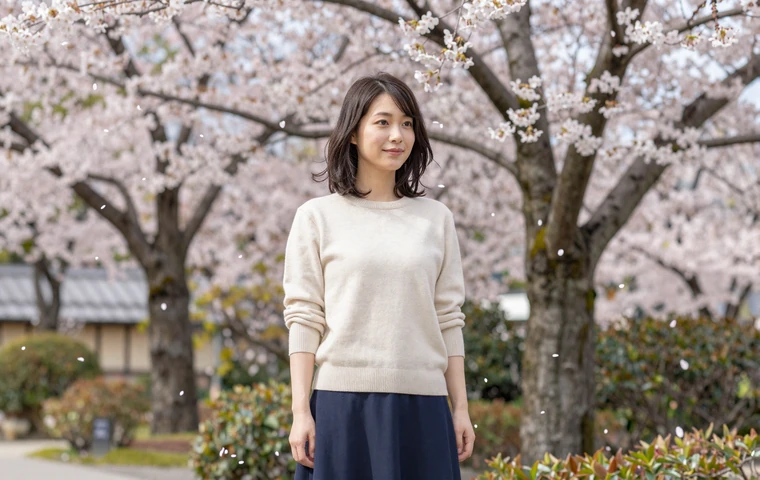 Japanese woman standing gracefully under cherry blossom trees in a Kyoto garden in spring