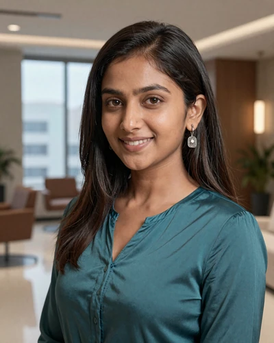 Indian woman Deepa from Mumbai in a teal blouse in a modern office setting