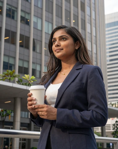 Career-driven Indian Singaporean woman outside a modern Singapore office building