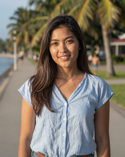 Filipina woman Jasmine from Cebu smiling on a tropical waterfront promenade