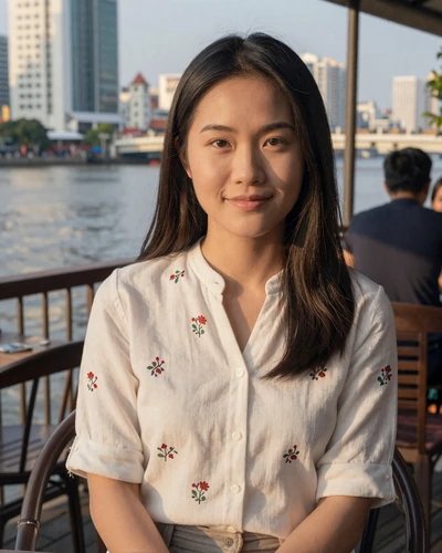 Vietnamese woman Trang from Ho Chi Minh City in a floral blouse at a riverside cafe
