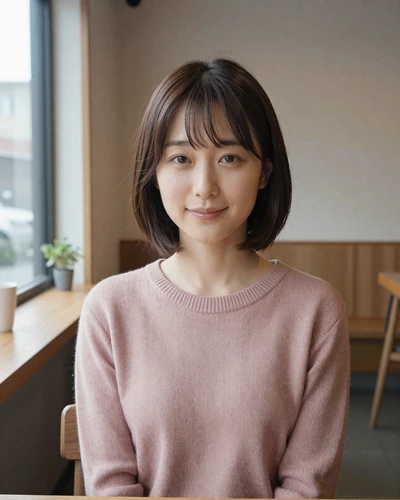 Japanese woman Aiko from Osaka in a cozy minimalist cafe with natural light