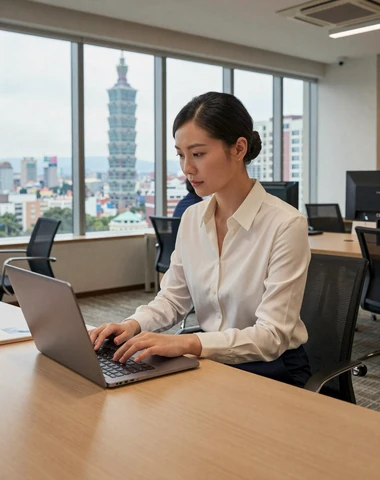 Career-driven Taiwanese woman working at laptop in a modern Taipei coworking space