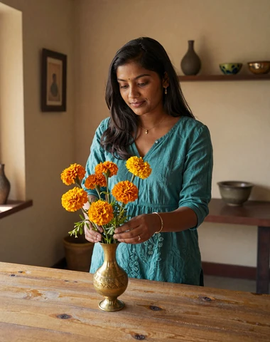 Nepali woman arranging marigold flowers in a warm sunlit home setting