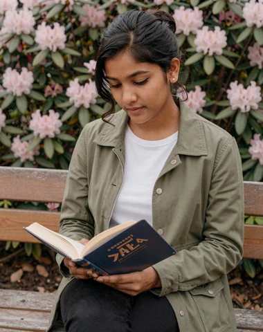Nepali woman reading in a peaceful garden with rhododendron flowers in soft morning light