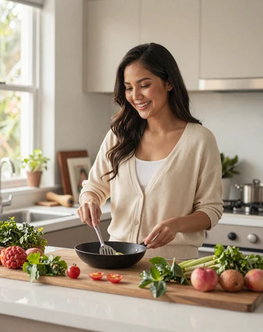Thai woman smiling while cooking traditional Thai food in a modern kitchen