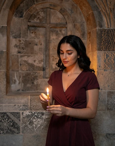 Armenian woman lighting a candle inside an ancient stone church with khachkar carvings