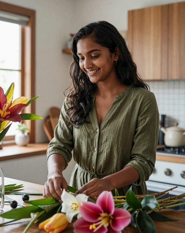 Sri Lankan woman arranging tropical flowers in a warm modern kitchen