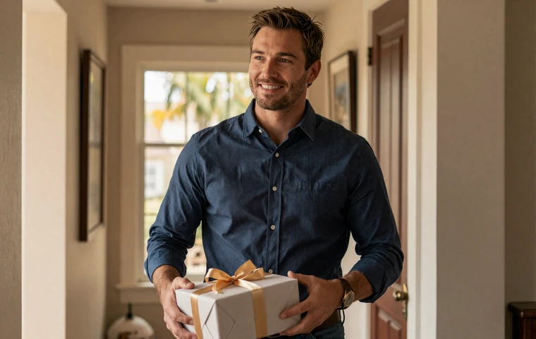 Western man holding a beautifully wrapped gift at an Asian family home entrance