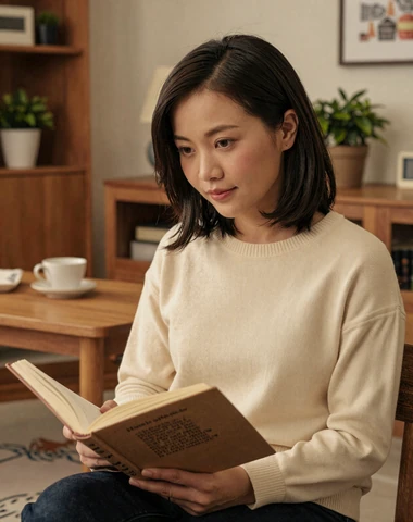 Vietnamese woman reading in a cozy modern Vietnamese home setting