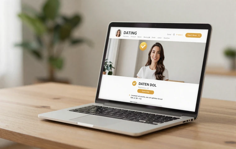 Laptop screen displaying a verified dating profile with a gold badge on a warm wooden desk