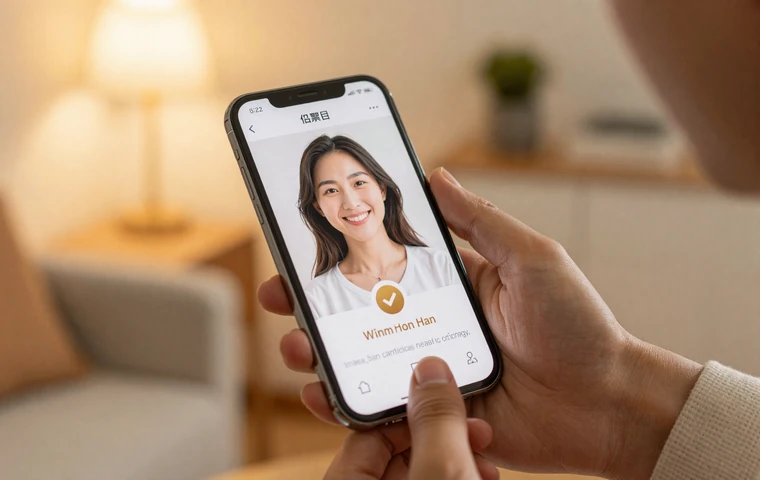 Smartphone displaying a verified Asian woman dating profile with gold badge in a cozy living room