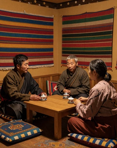 Bhutanese family gathered for tea in a traditional home with colorful textiles