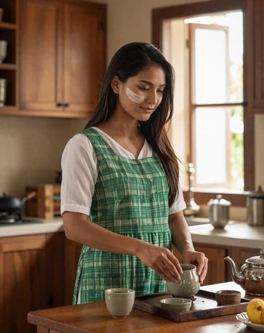 Burmese woman wearing thanaka paste preparing traditional tea in warm home kitchen
