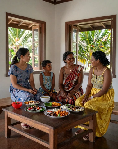 Maldivian family gathering in a traditional island home with traditional food
