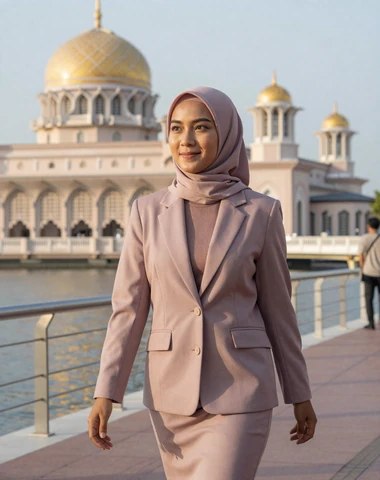 Modern Bruneian woman walking confidently along a waterfront promenade with golden mosque dome in background
