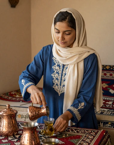 Afghan woman preparing traditional cardamom green tea in a warm home kitchen