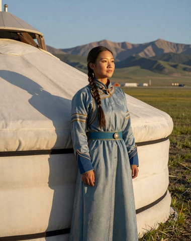 Mongolian woman in traditional deel beside a ger yurt on the steppe at golden hour