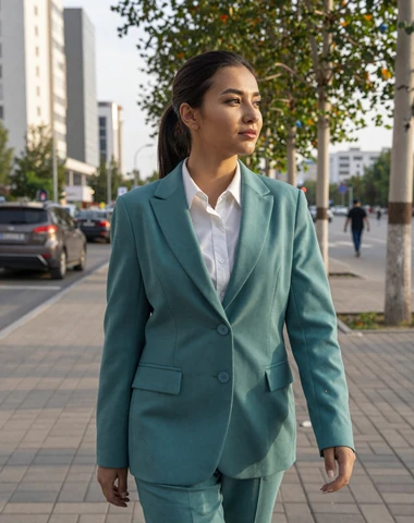 Modern Turkmen woman walking confidently along a tree-lined city boulevard in afternoon light
