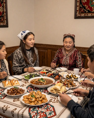 Kazakh family gathering around a traditional dastarkhan feast table