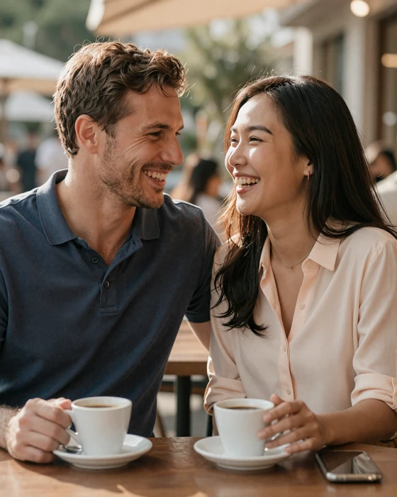 Happy interracial couple enjoying a date at outdoor cafe representing asian women dating success