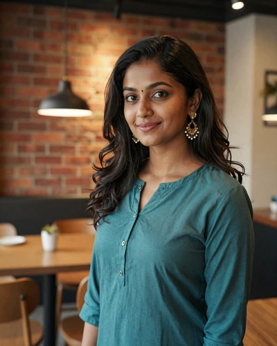 Indian woman Ananya from Bangalore in a teal kurta at a modern cafe