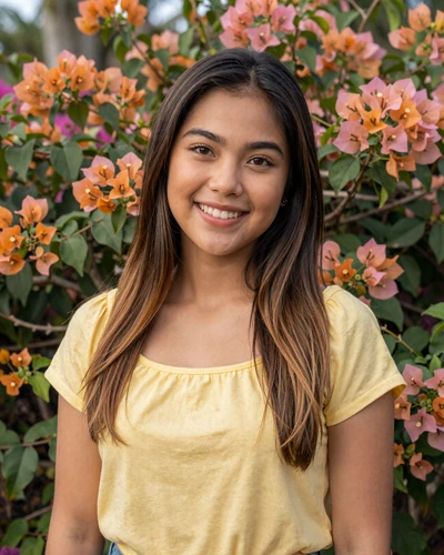 Filipina woman Grace from Davao smiling in a yellow top surrounded by bougainvillea