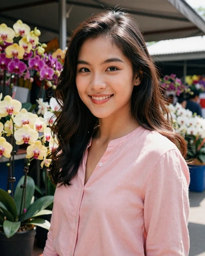 Thai woman Ploy from Chiang Mai with a warm smile near a flower market