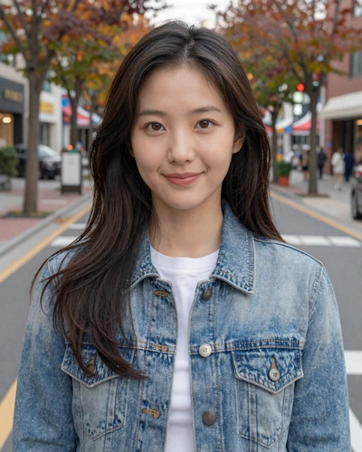 Korean woman Minji from Daegu in a denim jacket smiling on a city street