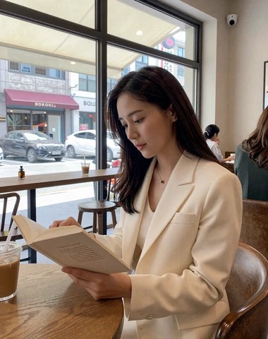 Stylish Korean woman reading at a modern Seoul coffee shop in natural daylight