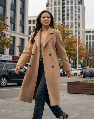 Modern Mongolian woman walking confidently through Ulaanbaatar city street in autumn