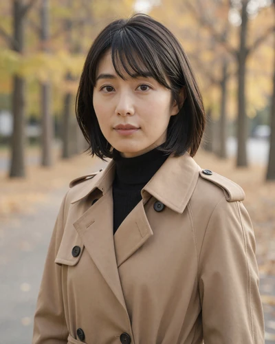Japanese woman Aiko from Nagoya in a camel trench coat in an autumn park
