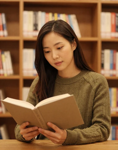 North Korean diaspora woman reading in a warm library environment while building a new life