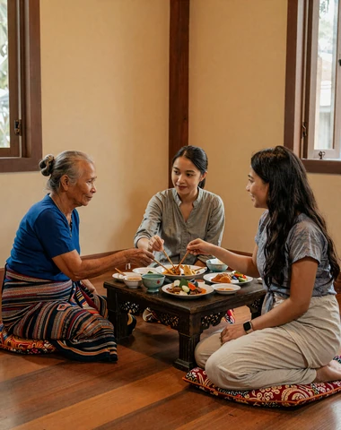Burmese family sharing traditional meal together across three generations