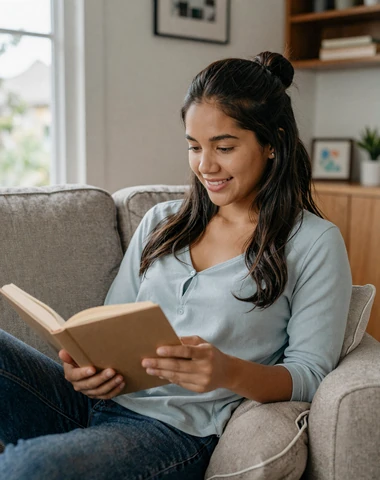 Filipina woman relaxing with a book in a modern living room with warm natural light