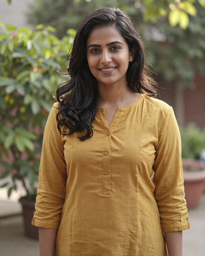 Indian woman Kavya from Delhi in a mustard kurti in a sunlit garden