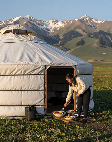 Kyrgyz woman near traditional yurt on alpine meadow preparing food in golden afternoon light