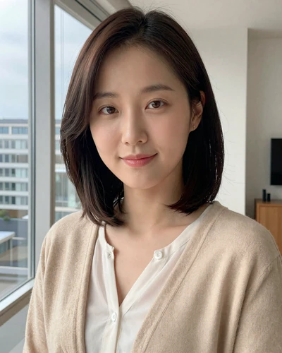 Korean woman Jieun from Busan in a beige cardigan smiling near a window