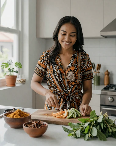 Indonesian woman preparing traditional cuisine with fresh spices in a modern kitchen