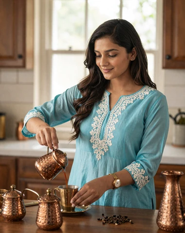 Pakistani woman preparing traditional chai tea in a warm kitchen setting