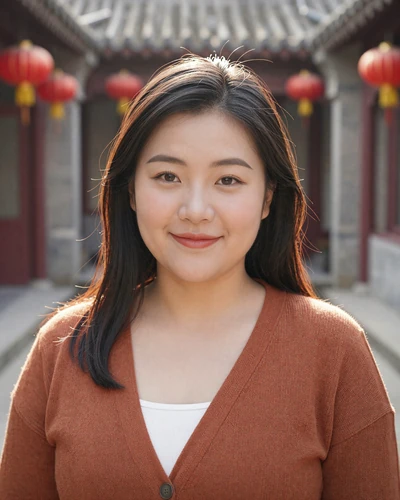 Chinese woman Mei Hua from Chengdu in a terracotta cardigan at a traditional courtyard