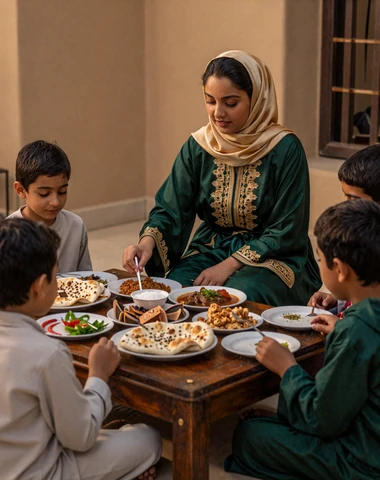 Yemeni family gathered around traditional low table sharing saltah and flatbread