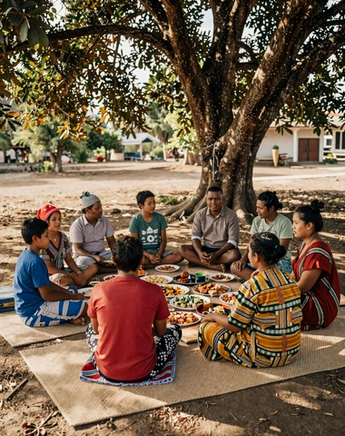 East Timorese family sharing a traditional meal outdoors surrounded by colorful tais textiles