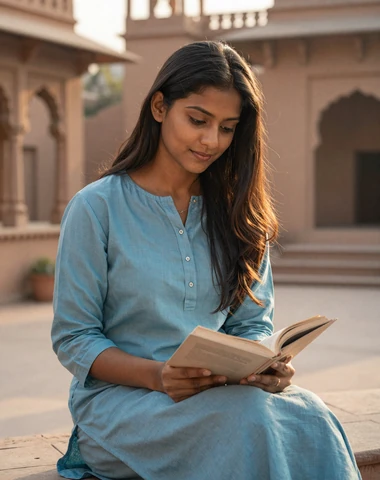 South Asian woman relaxing in courtyard representing dating culture