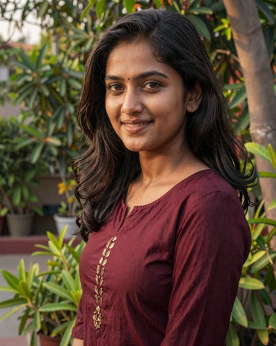 Indian woman Ananya from Bangalore in a burgundy kurti in a sunlit garden