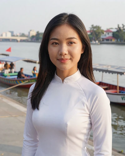 Vietnamese woman Thao from Da Nang in a white blouse near a riverside promenade