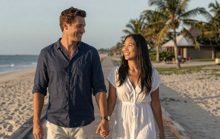 Interracial couple walking along a tropical Asian beach boardwalk at golden hour sunset