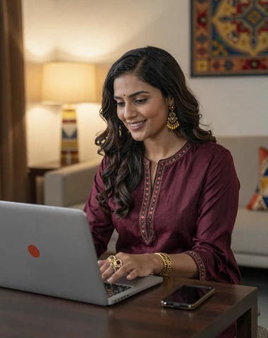 Pakistani woman having a video call in a modern living room with cultural decor